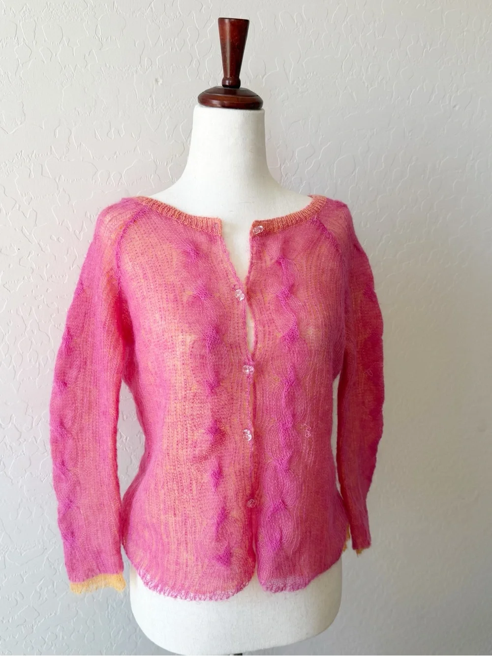 Free People Mohair Cardigan Y2k Double Knit Pink Yellow Sheer